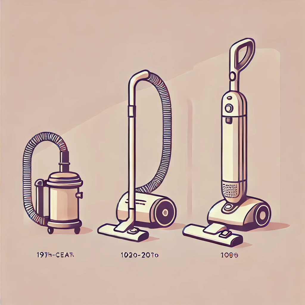 19世紀の手動掃除機、初期の電動掃除機、現代のコードレス掃除機が並んでいるイラスト